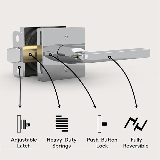 Mega Handles Prime Privacy Door Handle - 2 Pack Reversible Chrome Door Handles, Heavy Duty Bed & Bath Door Handles with Privacy Door Lock, Fits All Standard Doors - Polished Chrome