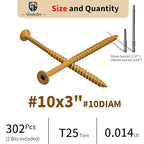 Deck Screws 3 Inch Wood Screws #10 x 3, 300 Pcs, Rust Resistant, Exterior Epoxy Coated, Torx Construction Screws for Wood Fence & Decking, Includes 2 Pcs T25 Star Bits, Yellow