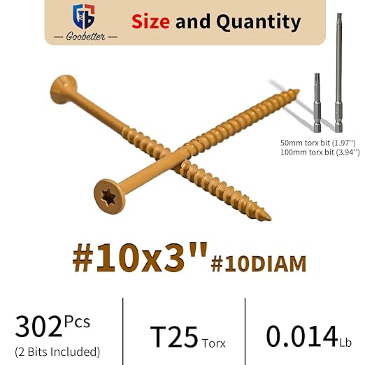Deck Screws 3 Inch Wood Screws #10 x 3, 300 Pcs, Rust Resistant, Exterior Epoxy Coated, Torx Construction Screws for Wood Fence & Decking, Includes 2 Pcs T25 Star Bits, Yellow