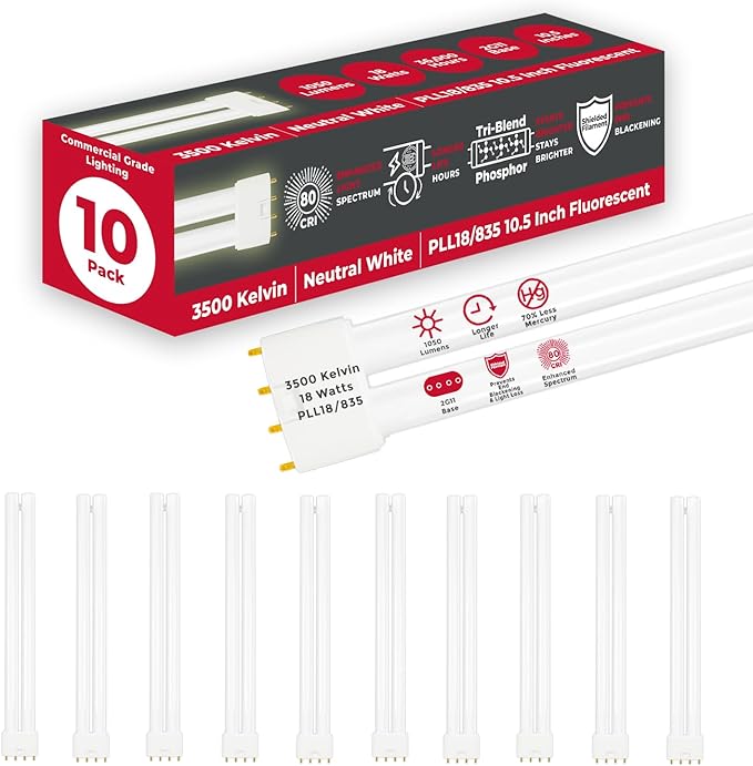 GoodBulb PLL18/835 18W 10.5" Twin Tube Compact Fluorescent Light Bulb 4-pin 2G11 Base 3500K Neutral White 1050 Lumen 36000 Hour Long Life Biax Pack of 10