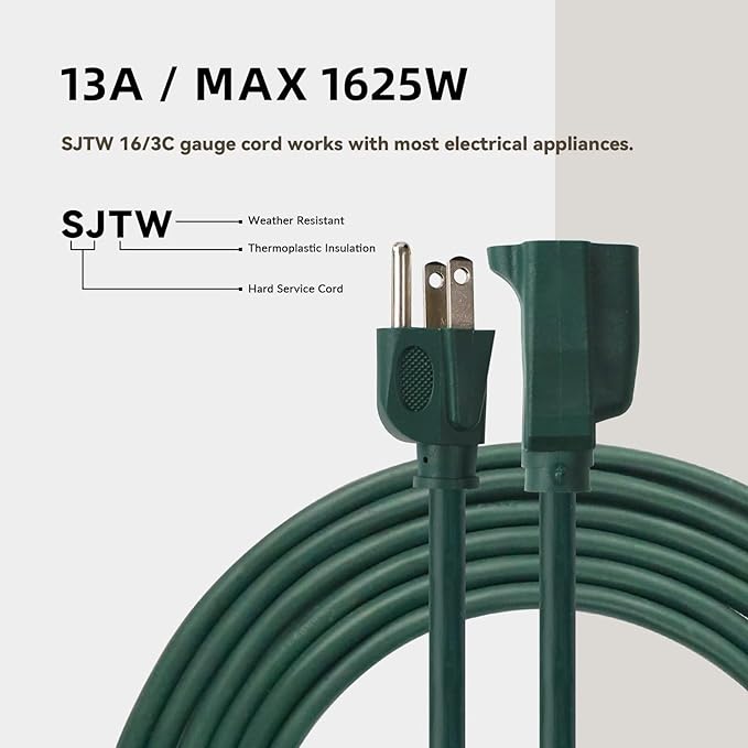 12ft Outdoor Extension Cord for Christmas Decorations- 16/3 Heavy Duty SJTW Waterproof Green Electrical Cable with 3 Prong Grounded Plug for Safety, Great for Lawn and Major Appliances