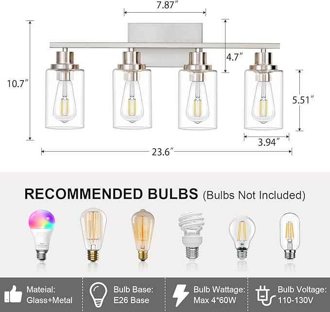 4 Light Bathroom Light Fixtures Brushed Nickel Vanity Light Over Mirror Modern Farmhouse Wall Lighting Sconces Wall Lamp for Bathroom, Bedroom, Living Room E26 Socket with Glass Shade