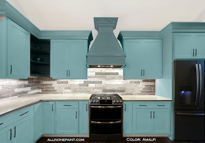 ALL-IN-ONE Paint, Durable cabinet and furniture paint. Built in primer and top coat, no sanding needed. Includes our 30 featured color card - Amalfi (blue aqua), Gallon