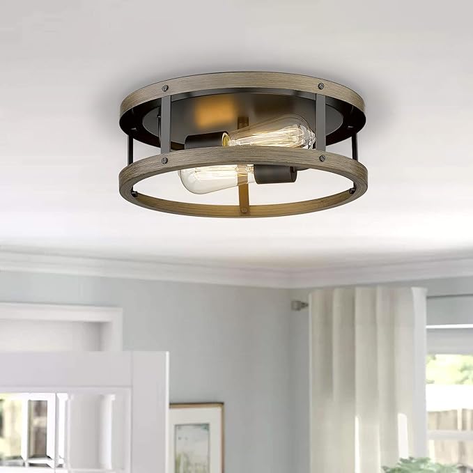 EAPUDUN Farmhouse Flush Mount Ceiling Light, 13" Imitation Wood 2-Light Fixture, Retro Style Lamp for Hallway, Entryway, Bedroom, Kitchen, Dining Room (FMA1138-FBDT)