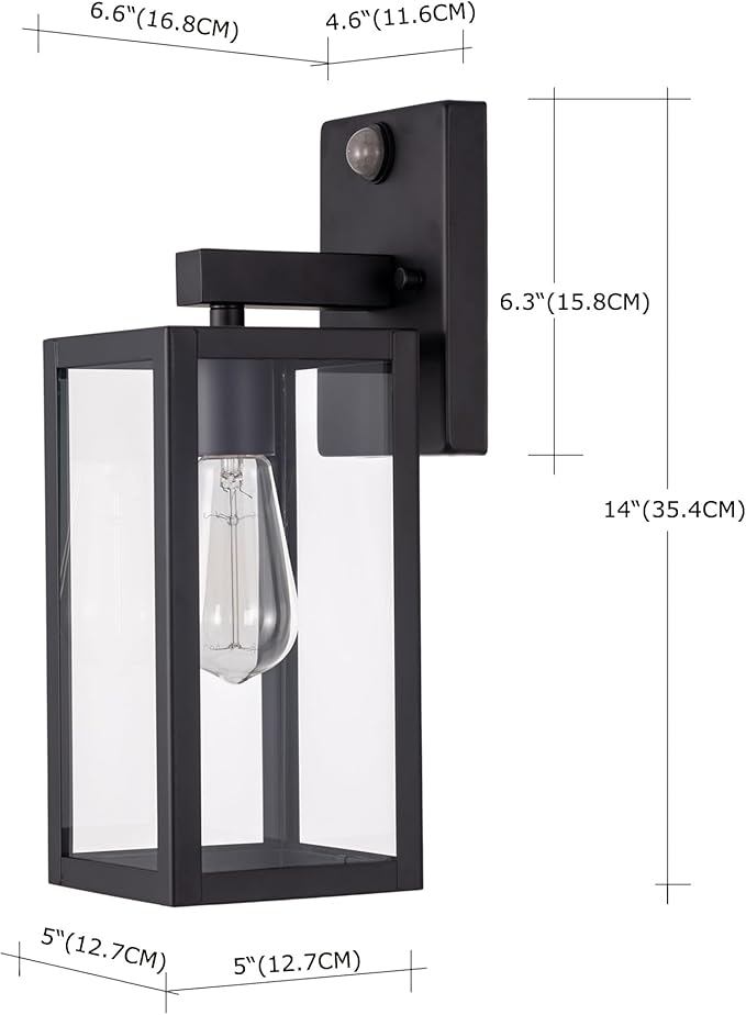 GRUENLICH Dusk to Dawn Large Outdoor Wall Lantern, PIR Motion Sensor Wall Sconce, E26 Base Max 60W, Metal Housing Plus Glass, Matte Black Finish, Bulb Not Included, 1-Pack