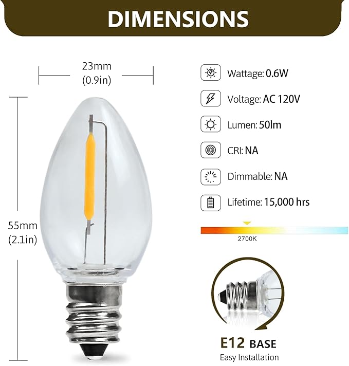 C7 Christmas Light Bulbs 0.6W 2700K Soft White E12 Base Replacement LED Bulb Indoor Outdoor Night Light 25 Pack