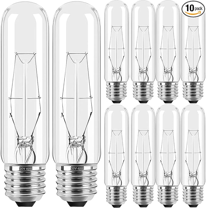 10-Pack 40W T10 Incandescent LED Light Bulbs, Warm White,Dimmable Clear Glass Edison Vintage Bulbs for Chandeliers, E26 Base, 2700K, Desk Lamps, Curio Cabinets, Aquariums, and Pendant Lighting