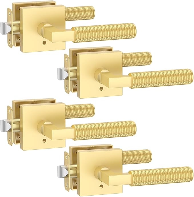 Asidrama 4 Pack Gold Privacy Door Handles, Door Lever with Door Knobs Indoor for Bedroom or Bathroom, Heavy Duty Door Handles Interior with Locks for Left Right Sided Doors