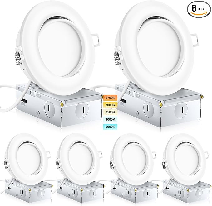 4 Inch Recessed Lighting 6 Pack,Ajustable Led Eyeball Gimbal Light,Led Recessed Lighting 4 Inch Ceiling Light with Junction Box,5CCT Selectable,Airtight,9W 750LM,Dimmable,ETL Listed