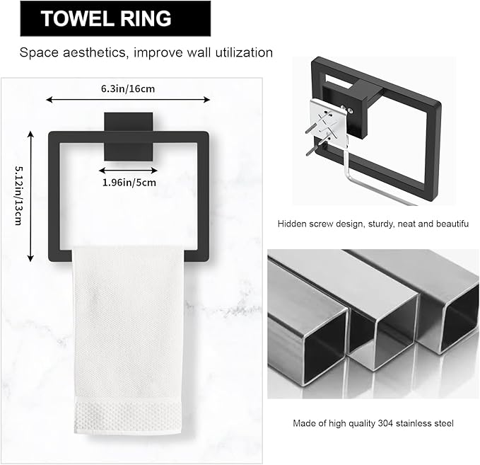 Bathroom Accessory Towel Bar Set: 5 Pieces Matte Black Bathroom Hardware Square SUS304 Stainless Steel - Wall Mounted Towel Rack&Toilet Paper Holder&Towel Ring and Robe Hooks.