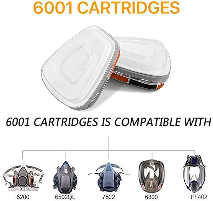 6001 Filter Cartridges Replacement for Gas Respirator,Dust-Proof, Organic Vapor, 16pcs Filter Cartridges + 16pcs Filter Covers + 64pcs Filter Cottons, Apply to 6100/6200/7501/7502/6502/6800