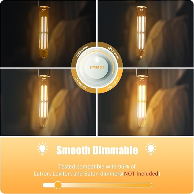 8.9IN LED Light Bulbs E26 Base, 6W 800LM 2700K Soft White T10 T9 Vintage Edison Bulbs Dimmable, AC 120V Equal 80 Watt Clear Glass Long Tubular Filament Bulb, UL Listed - 2Pack