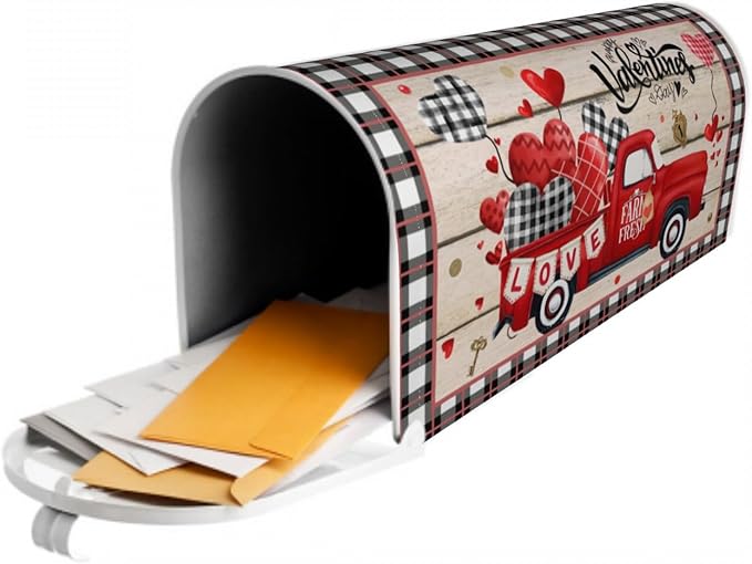 Valentines Day Mailbox Cover Magnetic Standard Size 21 x 18 Inch Love Hearts Red Truck Black White Buffalo Plaid Valentines Decoration Mailbox Cover Romantic Post Box Cover Wraps Garden Yard Decor