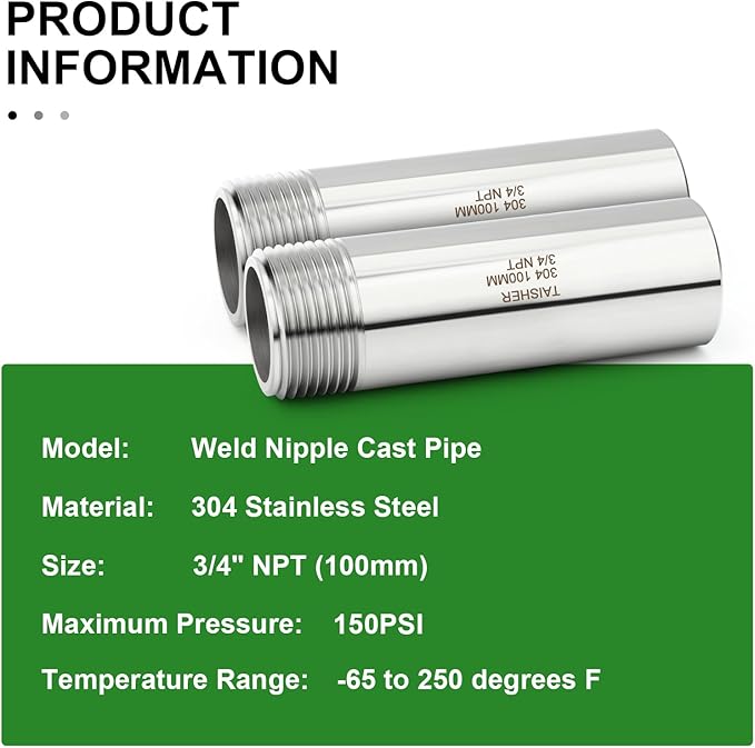 TAISHER 2PCS 304 Stainless Steel Pipe Fittings, 3/4" NPT Male Threaded, 4" Length Weld Nipple Cast Pipe