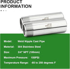 TAISHER 2PCS 304 Stainless Steel Pipe Fittings, 3/4" NPT Male Threaded, 4" Length Weld Nipple Cast Pipe