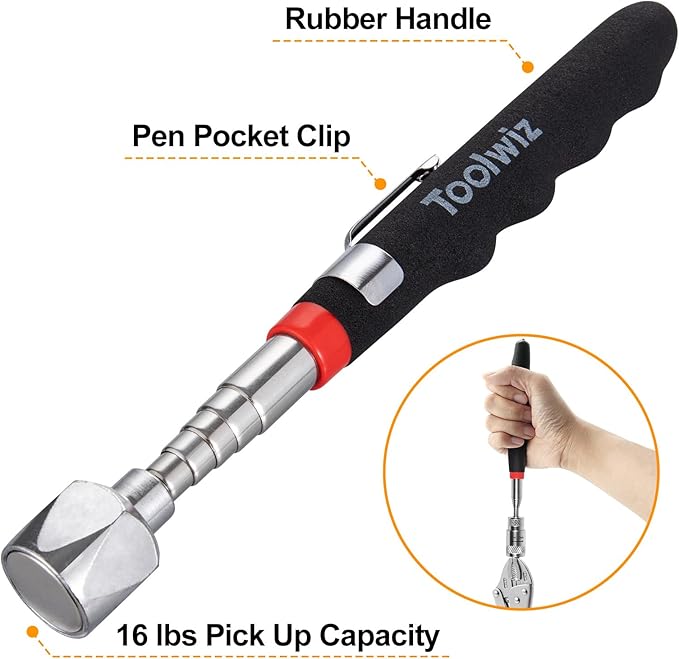 Toolwiz 17" Rolling Magnetic Sweeper 8.8lbs, with 16 lbs Telescopic Magnetic Pick Up tools –Lightweight Pick-up Sweeper with Wheels for Nails, Screws & Metal Debris Home Use Workshop Garage