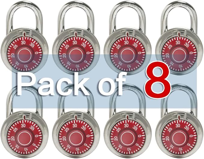 LanuBe Standard Dial Combination Lock, 2 in. Wide, with Different Combinations, Red Turnplate, Pack of 8; Lock for School, Employee, Gym Sports Locker, Case, Toolbox, and so on