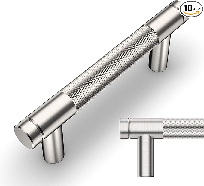 Amerdeco 10 Pack Brushed Satin Nickel Knurled Cabinet Pulls 3 Inch Center to Center Kitchen Cabinet Handles for Drawer Dresser, Cupboard and Wardrobe ZH0031