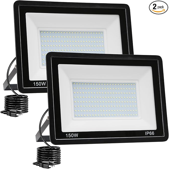 2 Pack 150W LED Flood Light Outdoor,15000LM Work Spotlight with US Plug,6500K Daylight White,IP66 Waterproof Exterior Security Floodlights for Yard,Garden,Backyard,Patio,Stadium,Parking Lot