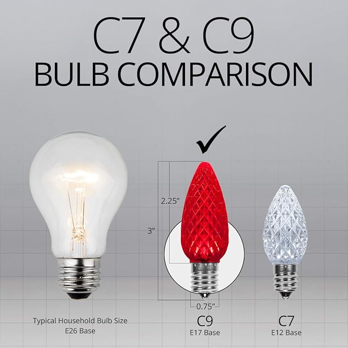 Wintergreen Lighting 25 Pack OptiCore LED Red C9 Christmas Light Bulbs - Shatterproof Valentine Lights E17 Base, Heavy Duty Polycarbonate LED Replacement Bulbs (Faceted)