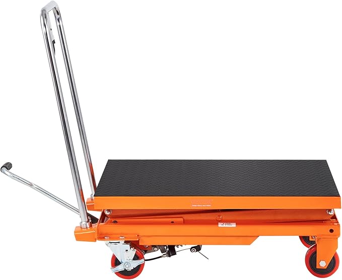 VEVOR Hydraulic Lift Table Cart, 330lbs Load Capacity 50 Inch Lifting Height, Manual Single Scissor Lift Table with Non-Slip Pad and 4 Wheels, Hydraulic Scissor Cart for Material Handling, Orange