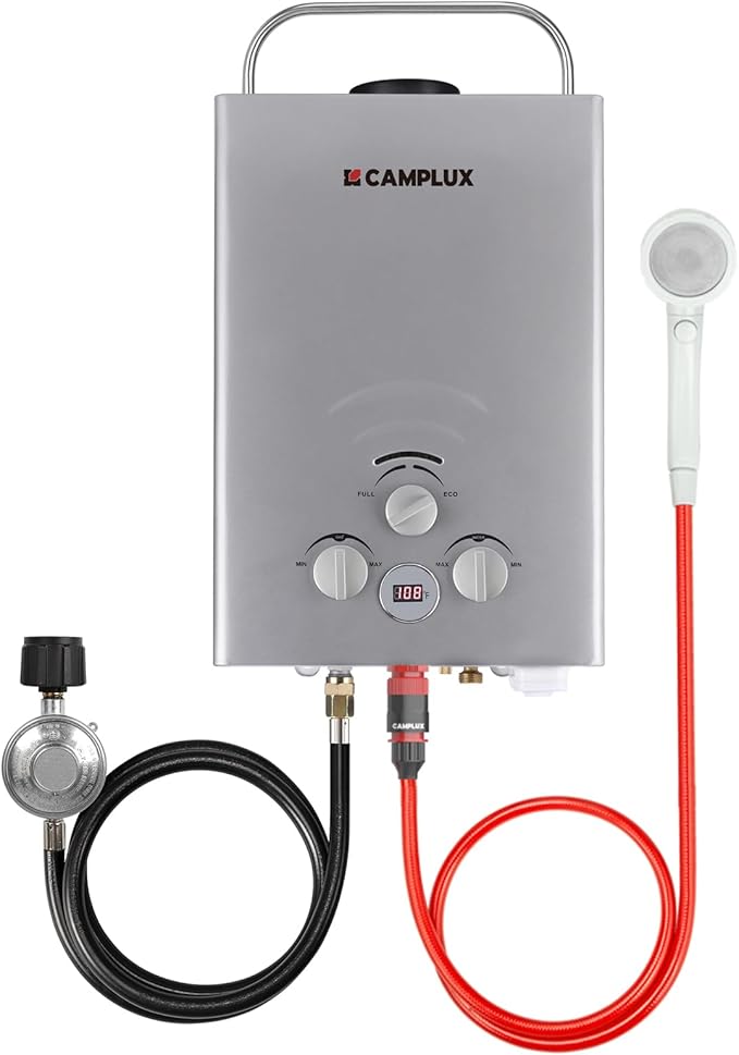 CAMPLUX Portable Water Heater 1.58 GPM, BW158G Propane Water Heater Outdoor, 41,000 BTU, Camping Shower, Easy to Install, Gray