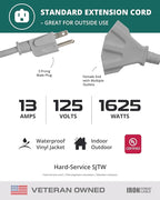 Iron Forge Cable 25 ft Gray Outdoor Extension Cord with Multiple Outlets, 16/3 SJTW 25 Foot Grey Outdoor & Indoor Extension Cord with 3 Outlets, 3 Prong, Weatherproof 13 Amp Heavy Duty Power Cable
