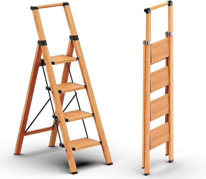 GameGem Folding Step Ladder, 4 Step Ladder with Anti-Slip and Wide Pedal, Lightweight Aluminum Step Stool with Handgrip, Space Saving Stepladder for Home and Kitchen, 300 lbs Capacity (Woodgrin