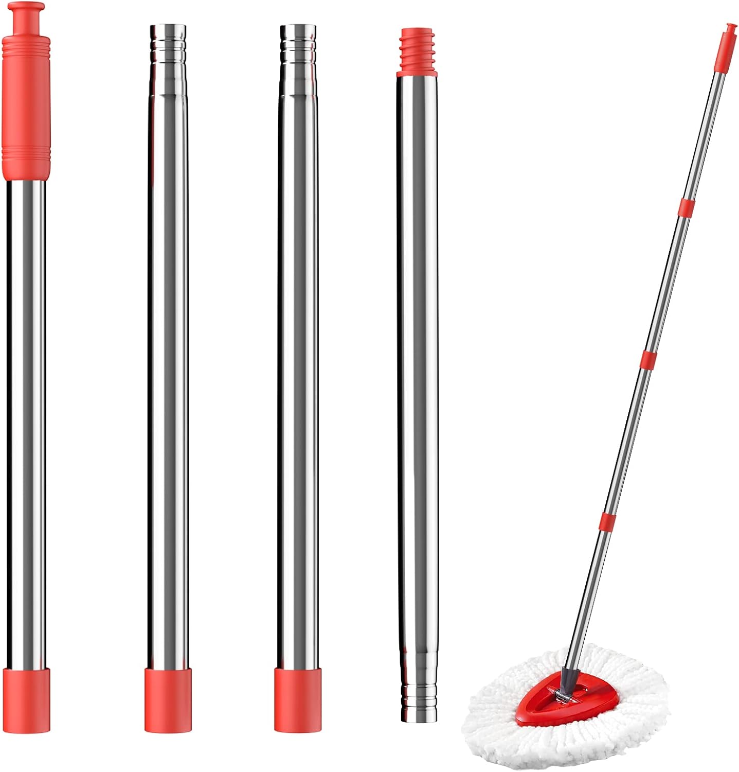 4-Section Spin Mop Replacement Handle，2.5-to-5 Foot Mop Stick Compatible with Triangle Spin Mop Base, Compatible with Ocedar Mop Handle for EasyWring Mop Refills (red)（Mop Head not Included）