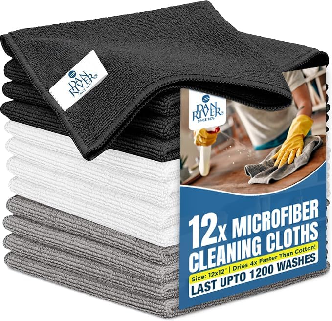 DAN RIVER 12-Pack Microfiber Towels – Ultra Absorbent, Lint-Free & Streak-Free Detailing Towels for Home, Car & Kitchen - Must-Have Cleaning Essentials - 12" x 12" - Gray White Black