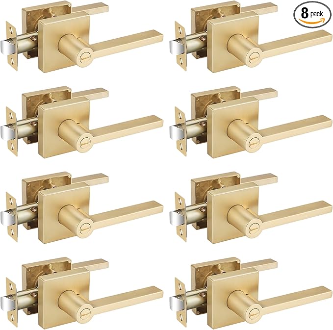 EHOMEWARE 8 Packs Gold Heavy Duty Door Handle Interior, Privacy Door Lever Handle, Bathroom Door Handles Interior, Modern Bedroom Door Handle