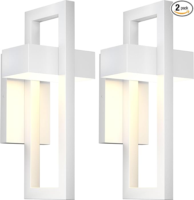 LamQee 2 Packs Modern Outdoor Wall Lights 3000K Integrated LED Outdoor Wall Sconces Lighting, Contemporary Exterior Lighting Fixtures Outside Wall Mount Lights for House Porch Door Garage, Matte White