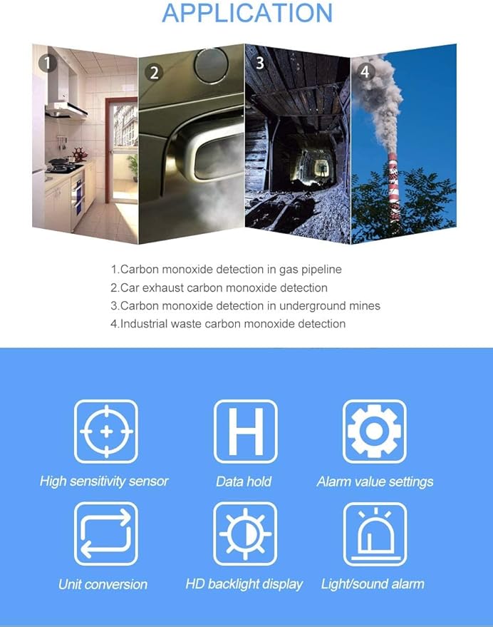 Handheld Carbon Monoxide Meter, Portable Carbon Monoxide Detector, Professional-Grade CO Gas Tester with LCD Backlit Display, 0-1000PPM Range for Industrial and Home (Battery Not Included)