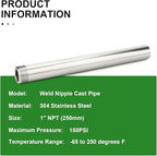 TAISHER 1PCS 304 Stainless Steel Pipe Fittings, 1" NPT Male Threaded, 16" Length Weld Nipple Cast Pipe