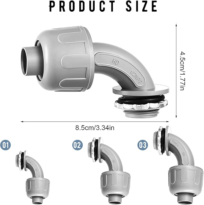 Yaomiao 50 Pcs 1/2 Inch Liquid Tight Connector PVC Electrical Conduit Fittings Straight 90 Degree Flexible Conduit Connector for Home Bathroom Tube Tool Supplies, Grey(50 Pcs)