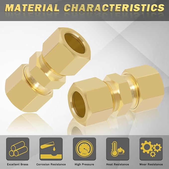 1/2 Inch Compression Fitting,10 Pcs Brass Compression Tube Pipe Fittings, 1/2" OD X 1/2" OD Compression Union Connectors & 10 Pcs Sleeves Ferrules (Pack of 20)