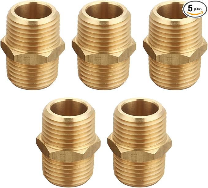 1/2 Inch x 1/2 Inch NPT Brass Hex Nipple Male Pipe Adapter, Thread 0.75" OD to 0.75" OD, (5 Piece)