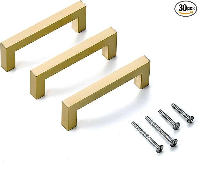30 Pack Brushed Brass Drawer Pulls 3 3/4 Inch Hole Center Stainless Steel Square Cabinet Pulls Brushed Gold Cabinet Handles Gold Kitchen Cabinet Pulls
