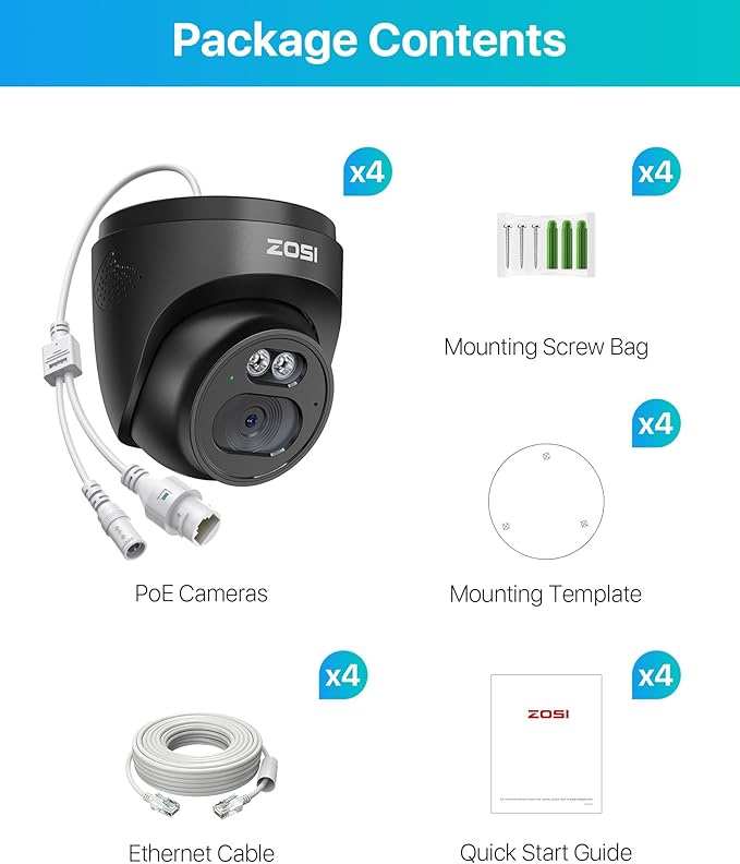 ZOSI C220 4Pack 4MP 2.5K QHD Add-On PoE IP Camera Outdoor, 1440p Surveillance Outdoor Camera to Home Security System, Only Work with ZOSI PoE NVR, 100ft Night Vision, AI Human Detection, One-Way Audio