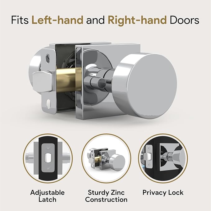 Mega Handles SUANA Privacy Door Knob for Hallway, Closet and Bathroom, Reversible Heavy Duty Design Door Knobs, Fits All Standard Door Sizes Screws Included - Polished Chrome (1 Pack)