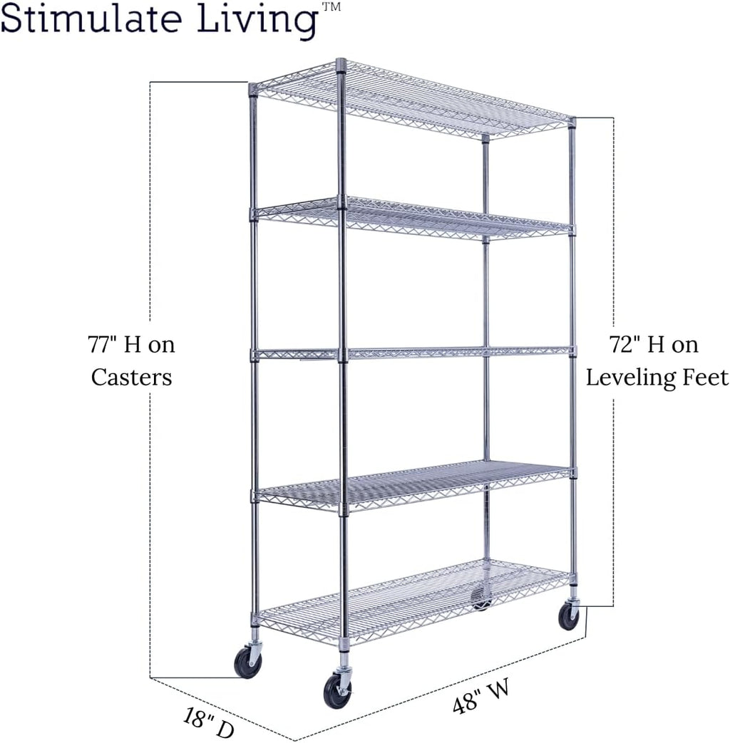 48"x18"x72" PRIME HEAVY DUTY Chrome 5-Tier Wire Shelving NSF 4000 LBS MAX Capacity Storage Rack for Commercial, School, Home, Garage, Warehouse, Industrial, and Hospital Uses (with Wheels)