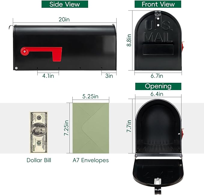 Mailboxes for Outside, Galvanized Steel Medium Black Metal Mailbox, 20 x 8.7 x 6.7 Inches