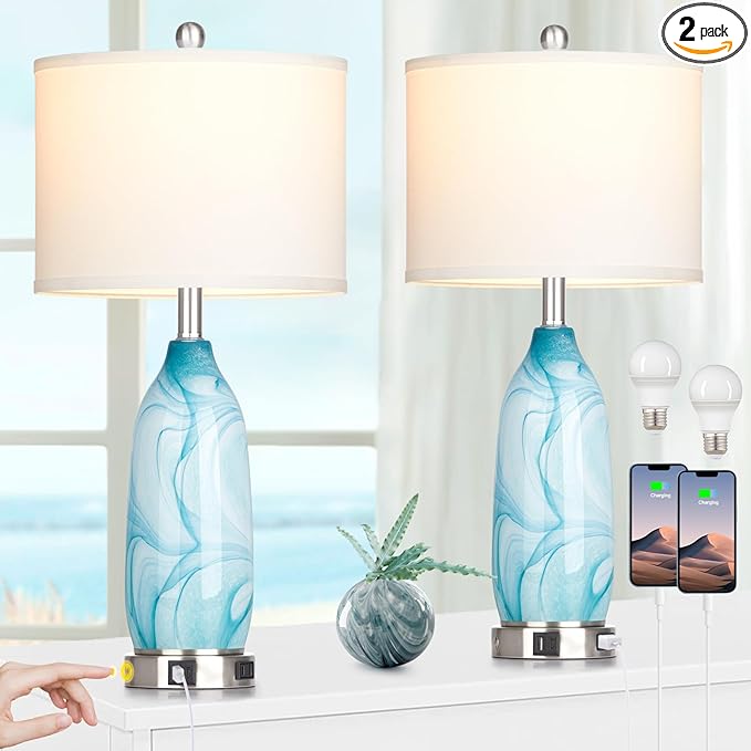 26" Coastal Table Lamps Set of 2, Modern Table Lamps with USB A+C Ports & AC Outlet, Touch Control Glass Bedside Nightstand Lamp with Night Light for Living Room Bedroom End Table Blue(Bulbs Included)