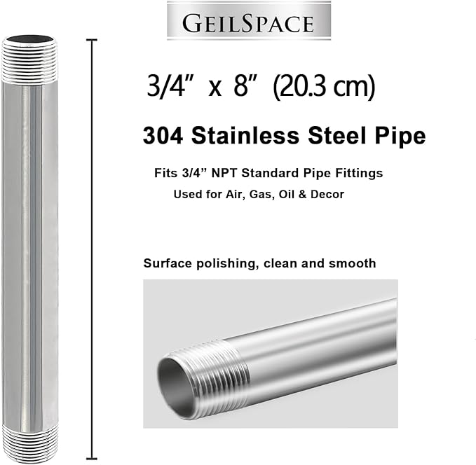 GeilSpace 3/4" x 8" Stainless Steel Pipe, 304 Pipe Nipple Fits Standard 3/4 Inch Threaded Pipes and Fittings, DIY Industrial Metal tube (2 PCS)