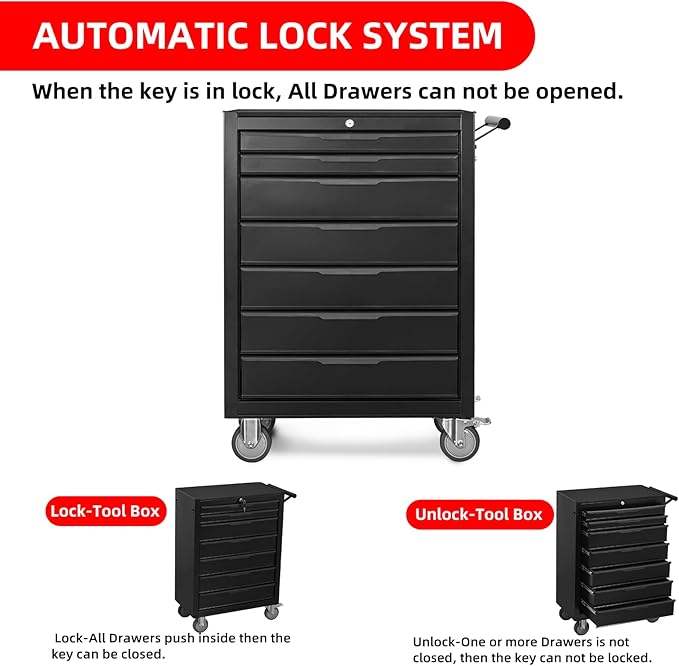 7-Drawer Rolling Tool Chest w/Drawers & Lock, Tool Storage Cabinet with Lockable Wheels, Top Cushion & Drawer Liners, Tool Organizer Box for Garage, Warehouse & Repair Sho