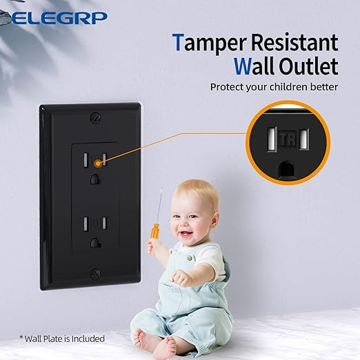 ELEGRP Decorator Wall Receptacle Outlet, Tamper Resistant 15 Amp Standard Electrical Wall Outlet, Residential Grade, Self-grounding, 125V, Wall Plate Included, UL Listed, Glossy Black, 50 Pack
