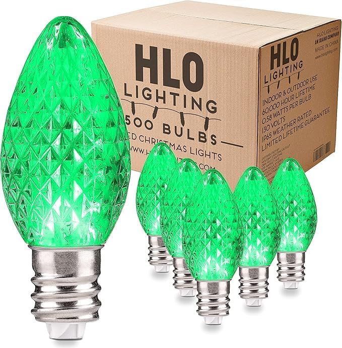 Holiday Lighting Outlet Faceted C7 Christmas Lights | Green LED Light Bulbs Holiday Decoration | Warm Christmas Decor for Indoor & Outdoor Use | 2 SMD LEDs in Each Light Bulb | Set of 500