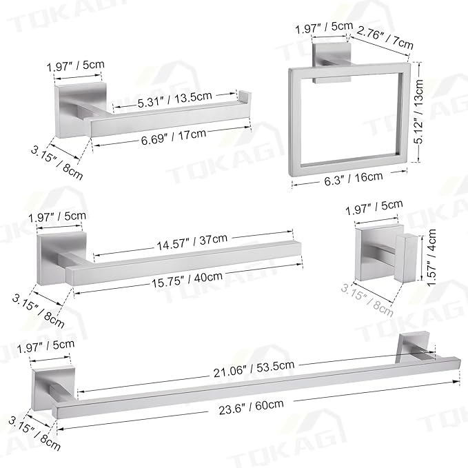 TQKAG 7-Pieces Brushed Nickel Bathroom Hardware Accessories Set 23.6" SUS304 Stainless Steel Towel Bar Set Toilet Paper Spare Rolls Storage Holder Wall Mounted