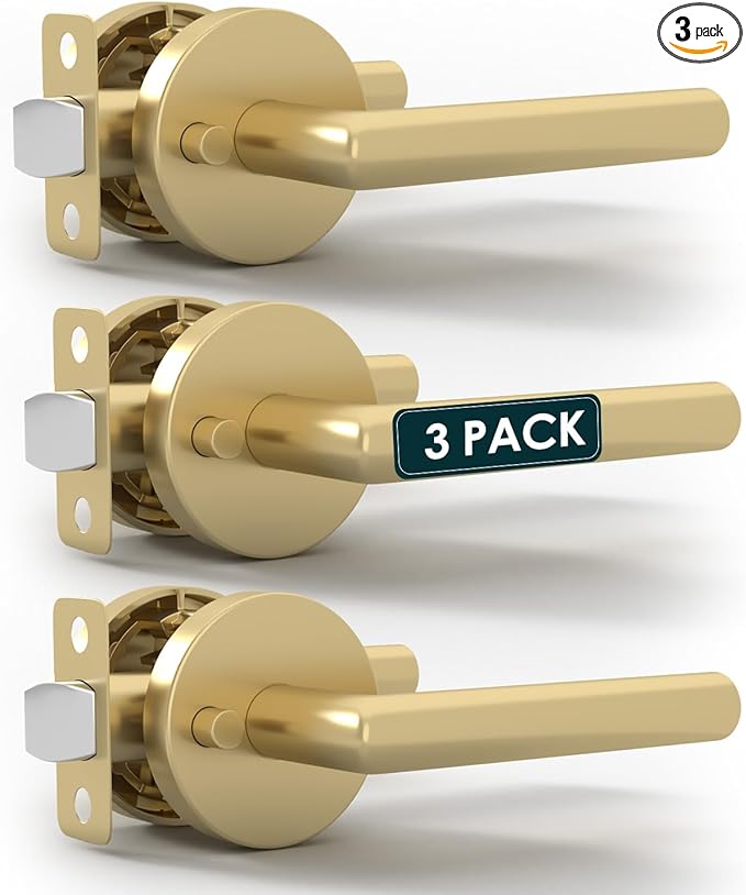 Mega Handles Ronn Privacy Door Handle - 3 Pack Interior Reversible Gold Door Handle, Heavy Duty Bed & Bath Door Handles with Privacy Door Lock, Fits All Standard Doors - Satin Brass