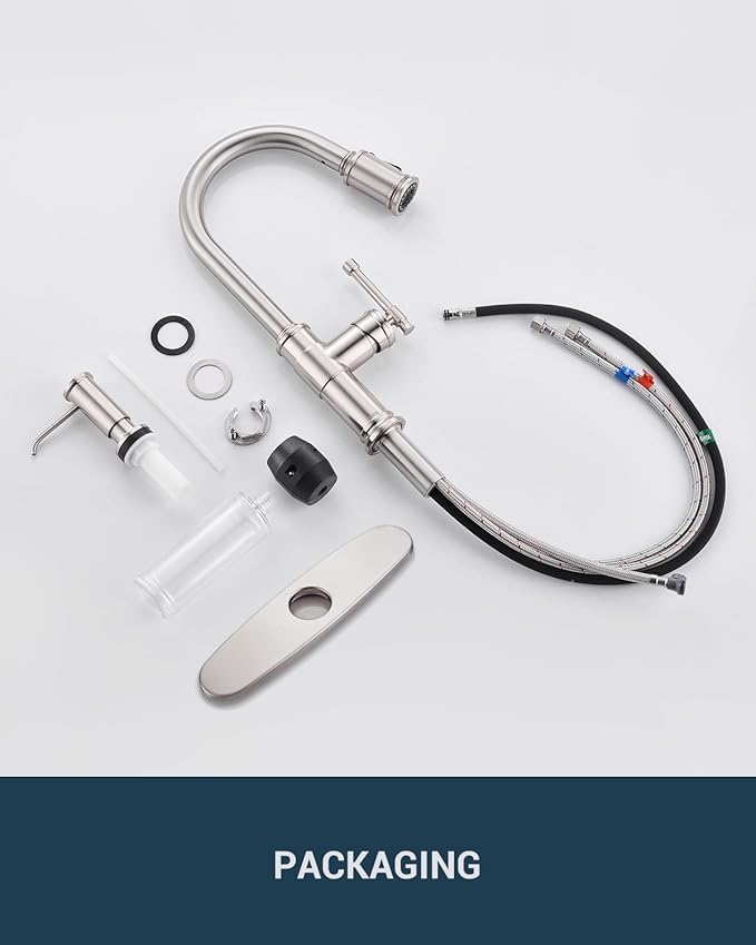 DAYONE Vintage Kitchen Faucet with Soap Dispenser, Single Handle High Arc Antique Pull Out Kitchen Sink Faucets with 3-Mode Pull Down Sprayer, APS136 (Standard, Brushed Nickel)